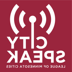 The LMC Podcast City Speak's icon is shown with a reception tower over the "i" in City Speak. "明尼苏达城市联盟" is shown under the icon.